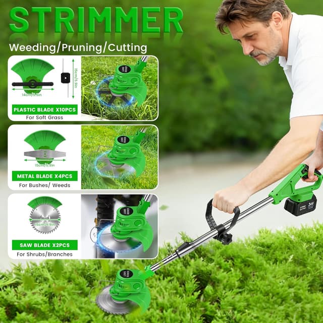 Detalle 2 de 24V Cordless Strimmer Grass Trimmer with Telescopic Pole, 6x Metal Blades + 10x Plastic Blades and 2x 4000mAh Batteries (Green)