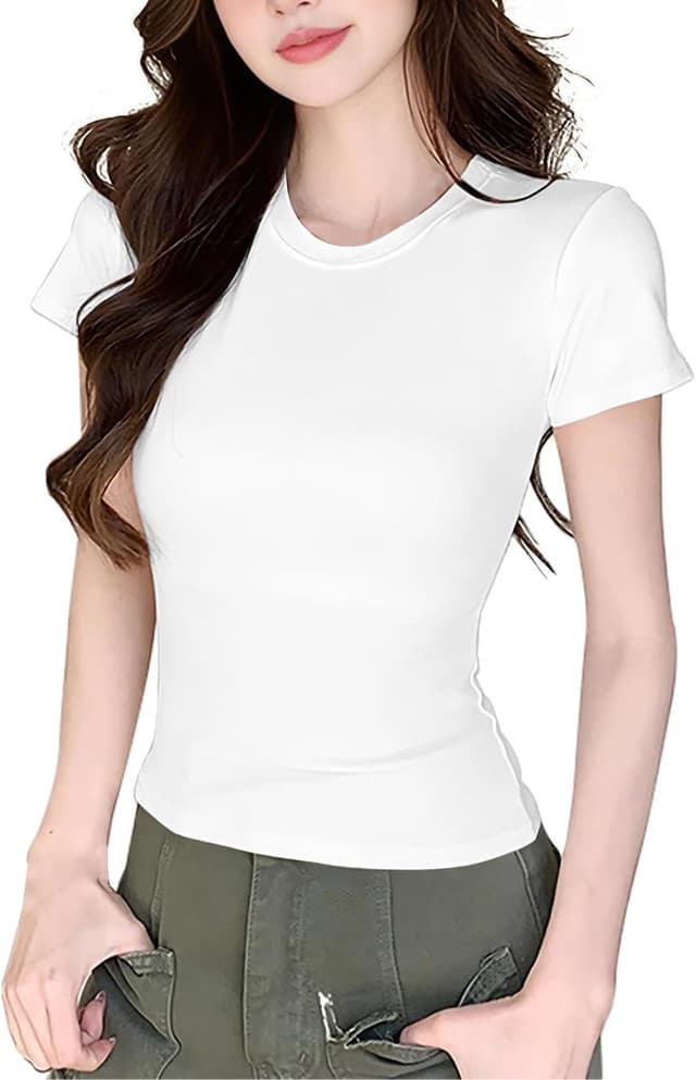 Detalle de JEROZIYANT women’s basic short-sleeve slim-fit cropped T-shirt (round neck, solid colour)