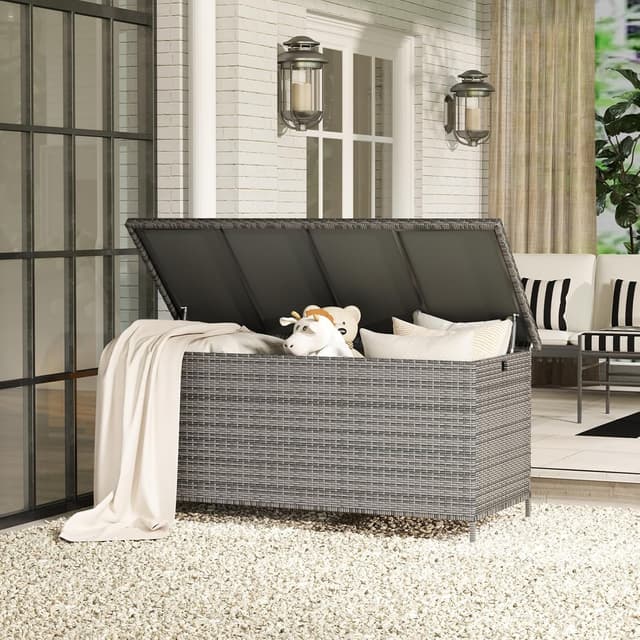 Detalle 2 de Amopatio 480L Gartenbox Auflagenbox wasserdicht mit Polyrattan, Rollen & Gasdruckfedern – grau