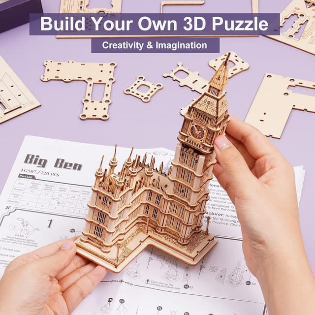 Detalle de RoWood 3D Holzpuzzle Big Ben Modellbausatz mit LED – DIY Bastelset für Erwachsene