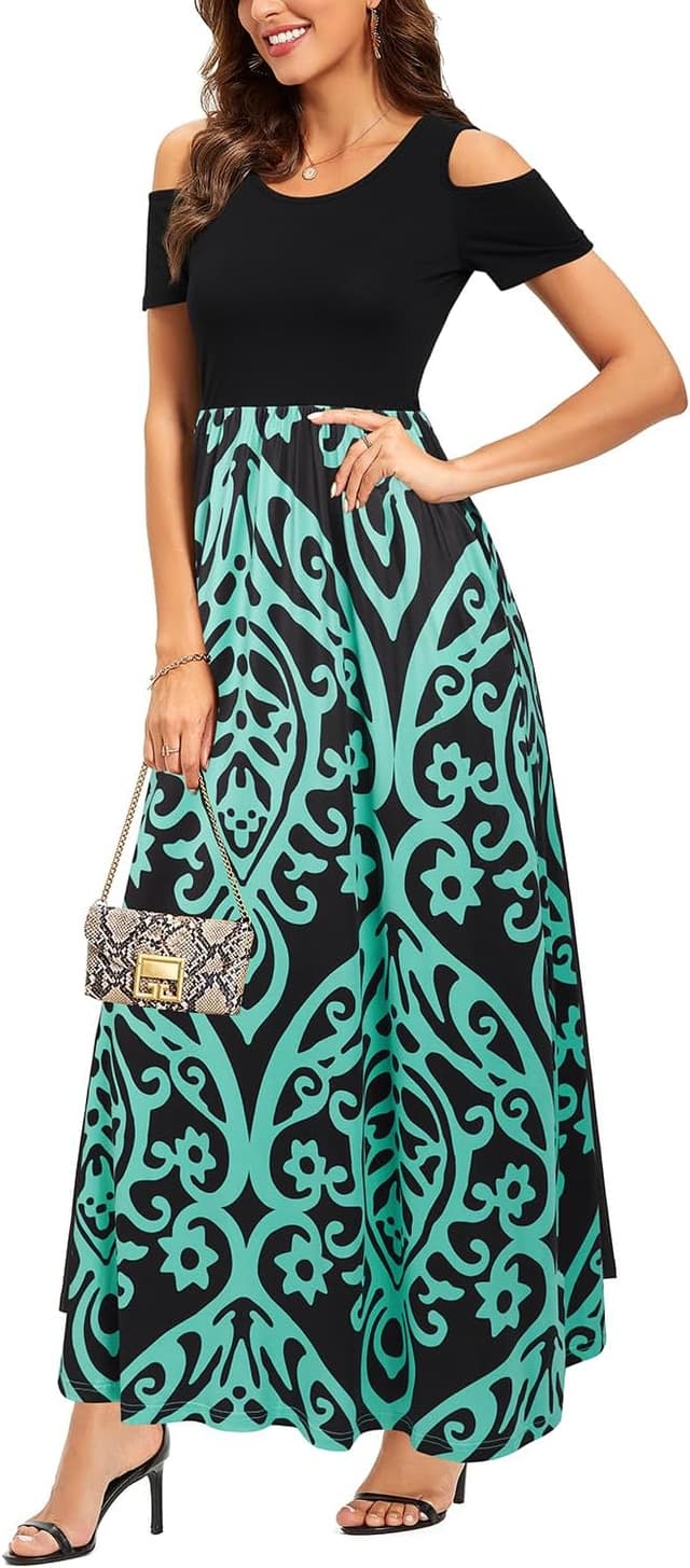 Detalle de STYLEWORD Robe longue d’été pour femme à manches courtes et motif floral, avec poches