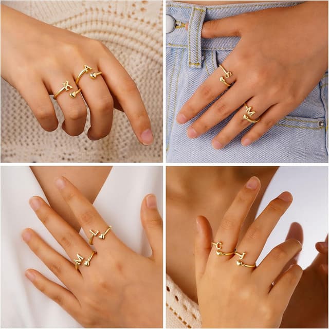 Detalle 2 de TINGN Herz Ring Gold Damen & Mädchen – 14K vergoldet, wasserfest, Buchstaben-Stacking