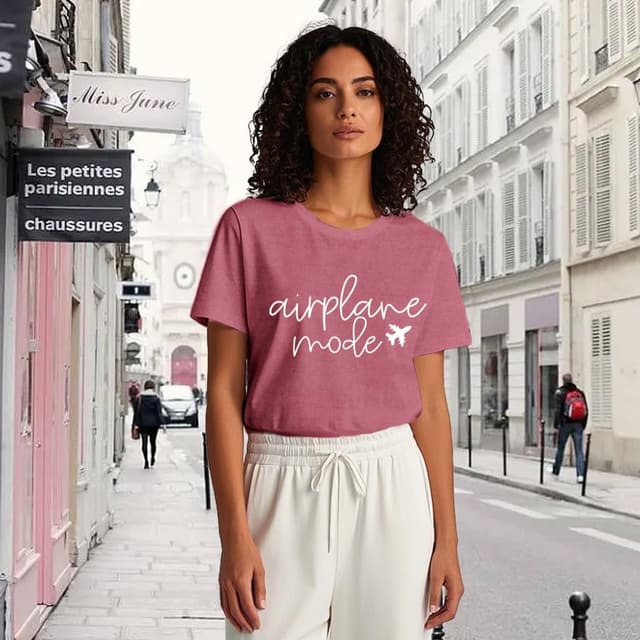Detalle 2 de Qskall women’s travel themed T-shirt “Airplane Mode” tee
