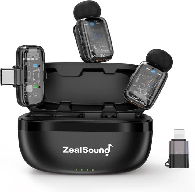 Detalle de ZealSound Mini kabelloses Lavalier-Mikrofon für iPhone, Android & iPad (USB‑C/Lightning, ANC, 33 h Akku)
