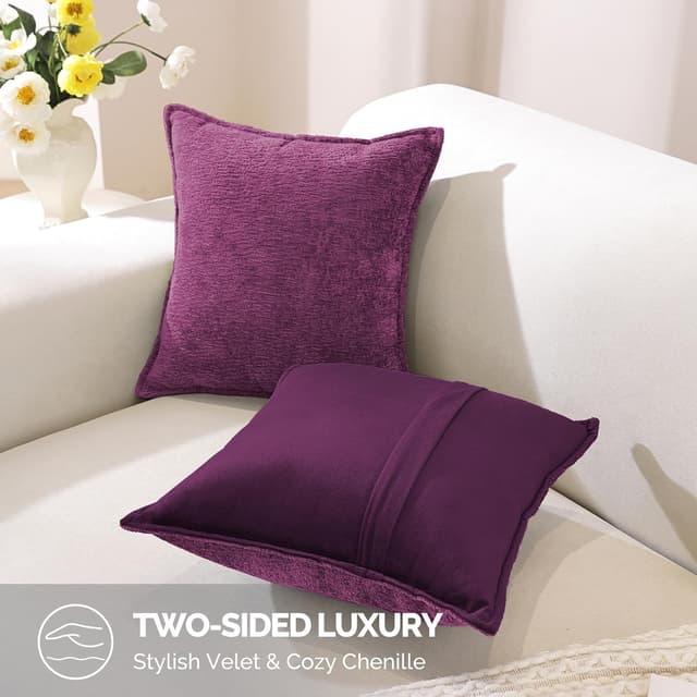 Detalle de YSTELLAA Housse de coussin luxe en chenille Violet, lot de 2 (40x40 cm) avec fermeture éclair cœur cachée