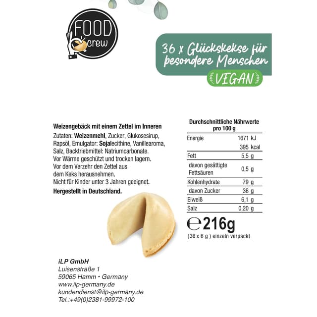 Detalle de FOOD crew 36x Glückskekse „Schön dass du da bist“ – einzeln verpackt, vegan als Gastgeschenk für Hochzeit & Co.