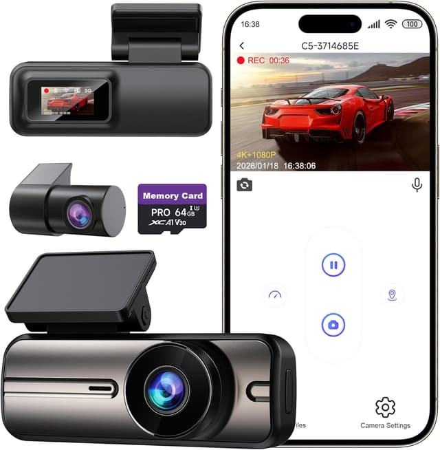 Detalle de Dash Cam Front and Rear 4K+1080P with 5GHz WiFi, Dual Cameras and 64GB Card (App Control)