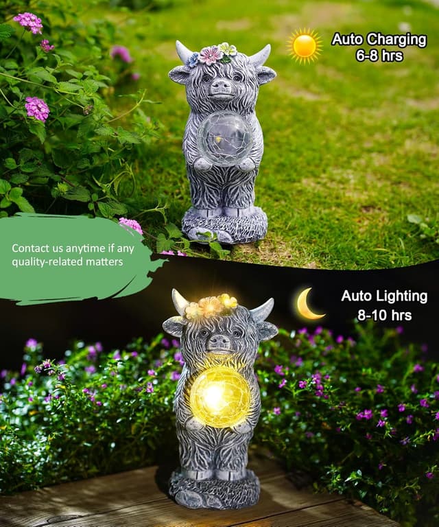 Detalle de Yeomoo Highland Cow Gartenfigur mit Solar-Lampen und Glasball – wetterfeste Deko für Balkon, Terrasse & drinnen