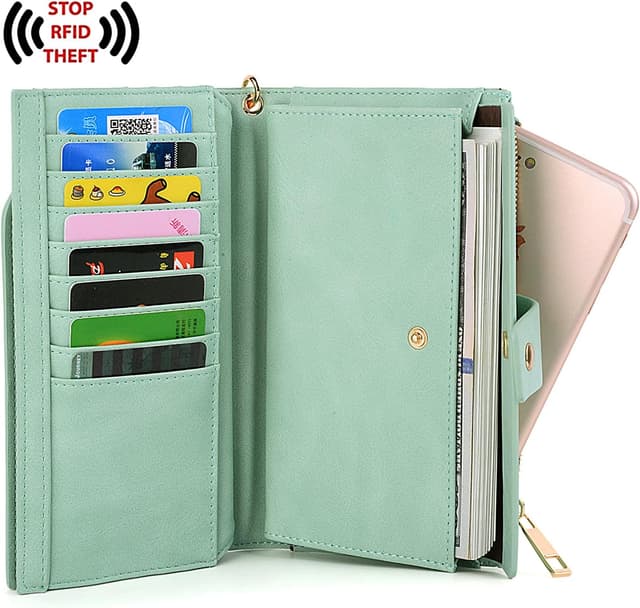 Detalle de UTO Damen-Geldbörse mit RFID-Blocking, große Kapazität und Wristlet-Clutch (21 Kartenfächer) – vegan