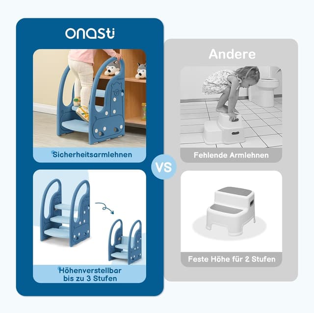 Detalle 2 de Onasti Tritthocker für Kinder – dreistufig höhenverstellbarer Tritt-Schemel mit Anti-Rutsch