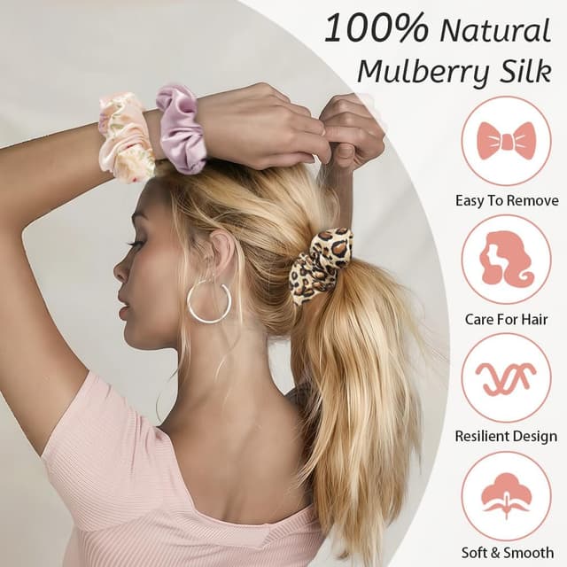Detalle de Aucuu 3 scrunchies in seta di gelso (grado 6A) con elastico morbido e confortevole