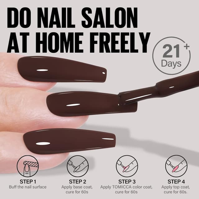 Detalle de TOMICCA Vernis Semi Permanent Brun Foncé (gel UV/LED, 15 ml) pour manucure brillante et durable