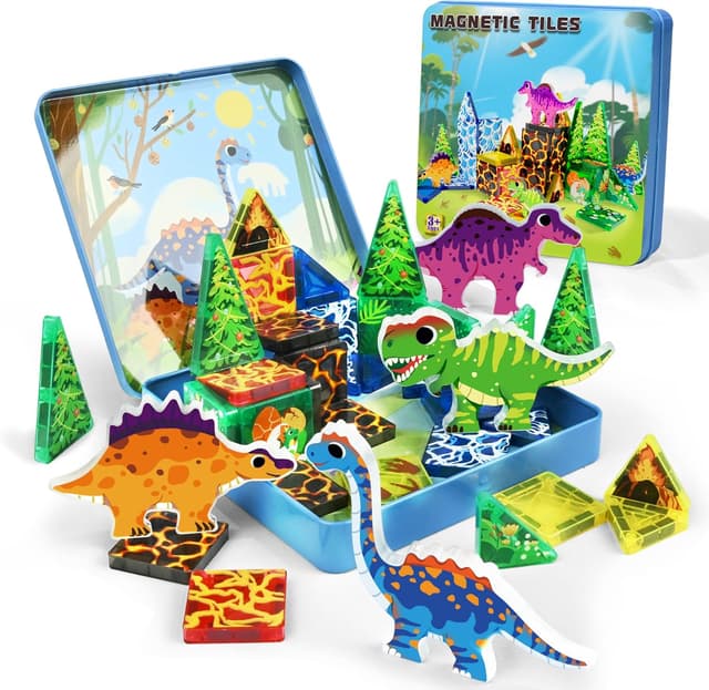 Detalle de URRLUNA 36pc Mini Magnetic Tiles Dinosaur Travel Set for Kids (Portable Dino Building Blocks)