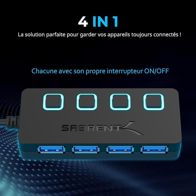 Detalle 2 de SABRENT Hub USB alimenté 4 ports USB 3.0 ultra-rapide 5 Gbps (HB-UMP3) avec interrupteurs et voyants