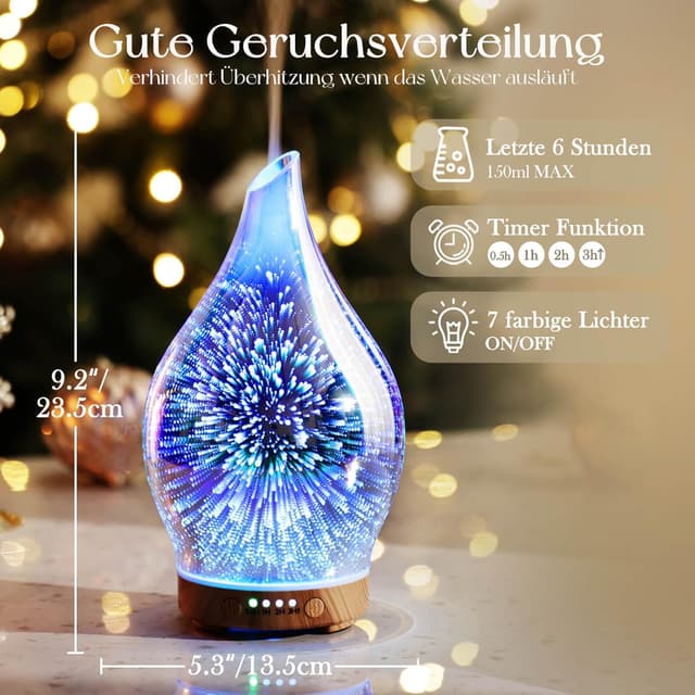 Detalle 2 de Porseme Aroma Diffuser 150 ml aus handgeblasenem Glas mit Ultraschall, 7 Farb-LED & Timer (BPA-frei, Desert)