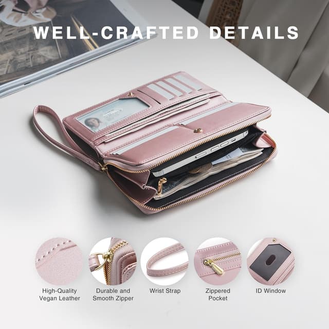 Detalle de Vulkitty grand portefeuille RFID pour femme en cuir végane rose brillant avec dragonne