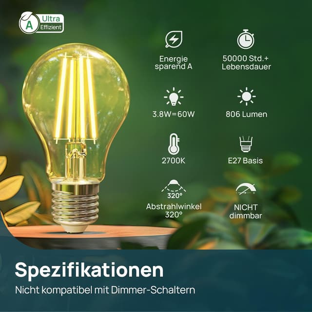 Detalle de Linkind Klasse-A E27 Vintage LED Filament A60, 3,8W (60W), 2700K, 806 lm – 6er-Set