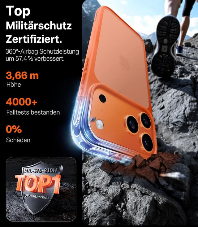 Detalle de TORRAS Guardian für iPhone 17 Pro Hülle mit Kameraknopf – stoßfest, kratzfest, orange