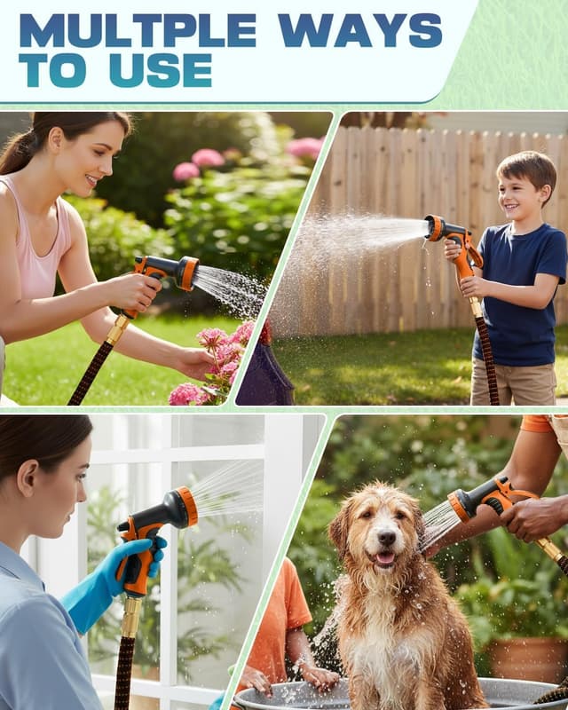 Thumbnail 6 de Expandable Garden Hose Pipe 150FT/45M with 10-Pattern Spray Nozzle (Expandable 4-layer latex core, 1/2" & 3/4" connectors)