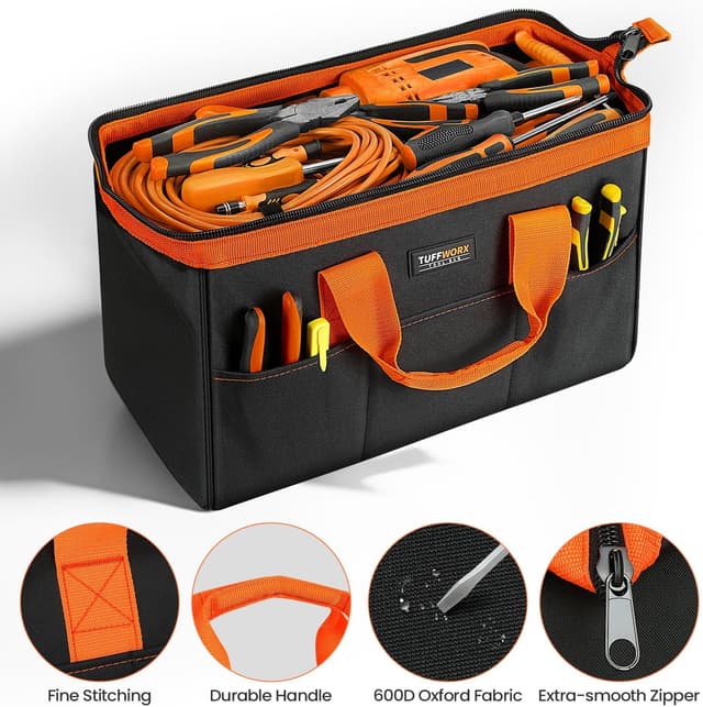 Detalle de TUFFWORX Wide Open Mouth Tool Bag (17 inch) – multi-pocket organiser with handle, black and orange