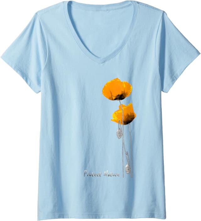 Detalle de Femme Protect Nature T-shirt col V « Pavots Orange et Abeille »