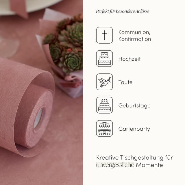 Detalle 2 de 100%Mosel Vlies Tischläufer in Altrosa / Dusky Pink (30 cm x 25 m) – dekoratives Tischband für Feste