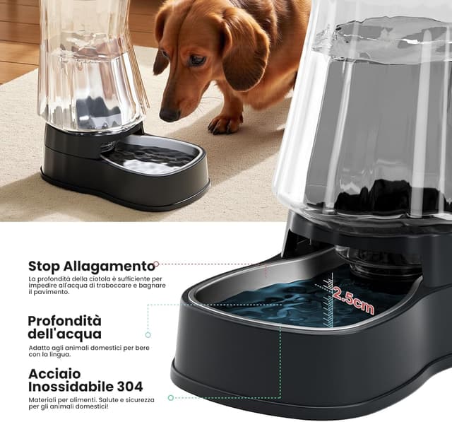 Detalle de Gardner Pet Dispenser Acqua 3,85 L con ciotola in acciaio inox e filtro, gravità senza elettricità (nero)