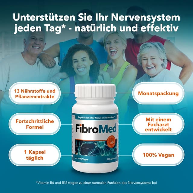 Detalle de FibroMed® – Kapseln mit Vitamin B6, B12, Folsäure, D3, Omega-3 & Pflanzenextrakten (vegan) – 30 Kapseln