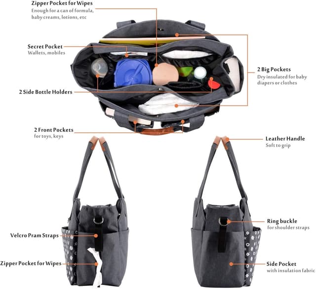 Detalle de Homlynn sac à langer fourre-tout gris avec sangles de landau, 12 poches