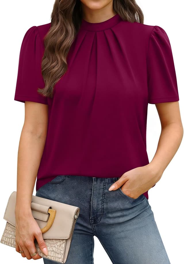Detalle de WIHOLL long sleeve mock neck pleated blouse for women – business loose fit top