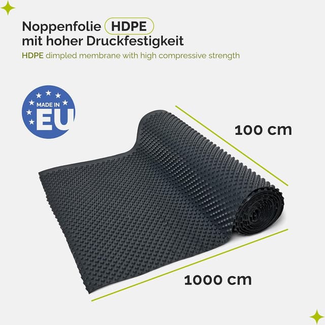 Detalle de Garronda Noppenfolie GD-0160 aus HDPE (1 m x 10 m, 400 g/m²) – Drainagebahn für Keller, Grundmauern und Hochbeet