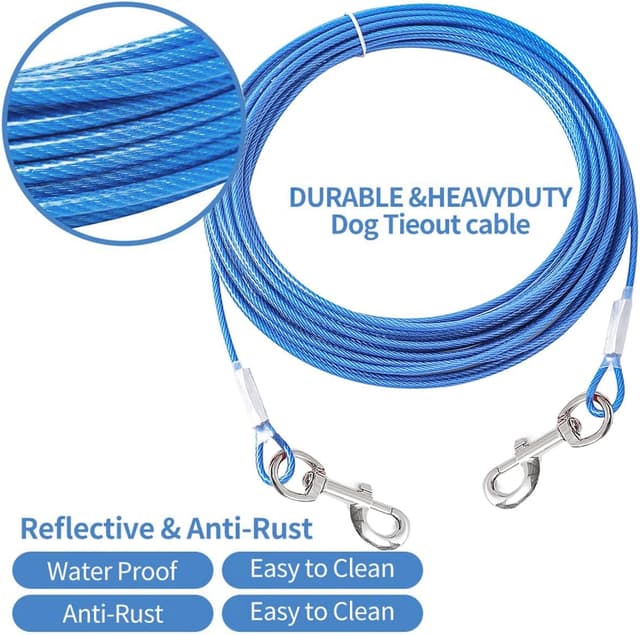 Detalle de Mi Metty Dog Tie Out Cable (Blue, 20ft / 6M) – chew-proof tether for small dogs up to 60lb