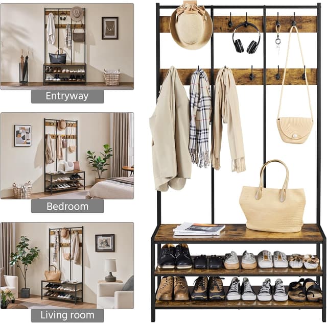 Thumbnail 6 de Yaheetech Stand appendiabiti con panca e scarpiera 12 ganci