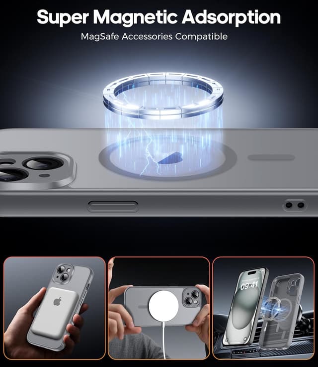 Detalle 2 de FLLAO iPhone 15 case with MagSafe + magnetic fit and 2 tempered glass screen protectors (grey)