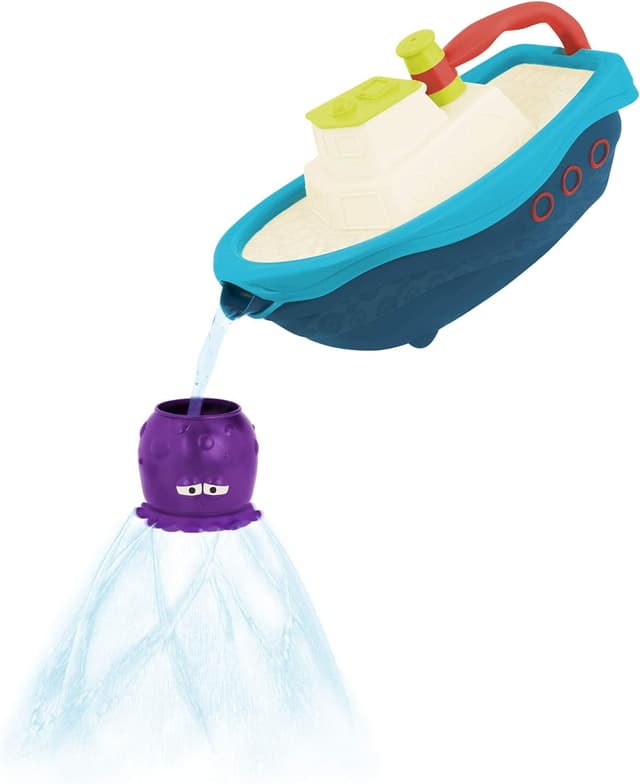 Detalle 2 de B. toys Fuori dal gancio – Playset bagno e spiaggia con barca giocattolo, tazza polpo e spruzzi di pesci (6 mesi+)