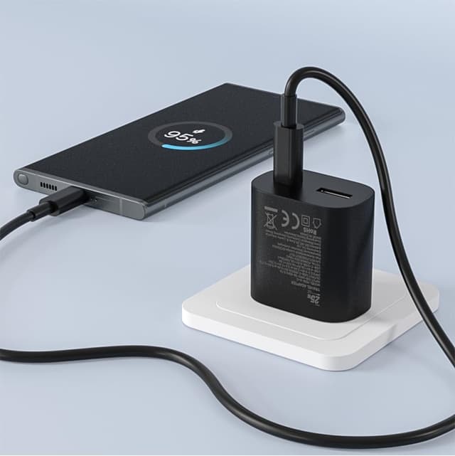 Detalle de Caricabatterie 25W USB-C + 15W USB-A con doppia porta per Samsung Galaxy S25/S24/S23 e altri smartphone USB-C