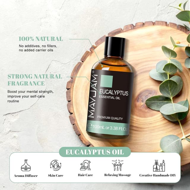 Detalle de Huiles Essentielles Eucalyptus 100 ml MAYJAM – huile 100% pure pour diffusion, massage et usages maison