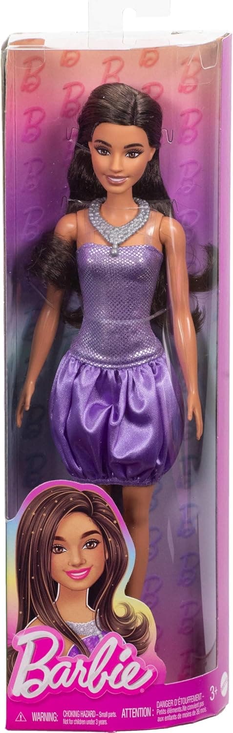 Detalle de Barbie Fashionistas Doll #234 (HYT92) with Brown Hair in Purple Sequined Bubble Dress