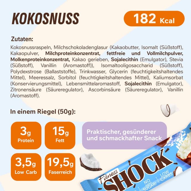 Thumbnail 3 de FitnesSHOCK Coconut Low Carb Riegel 12x50 g
