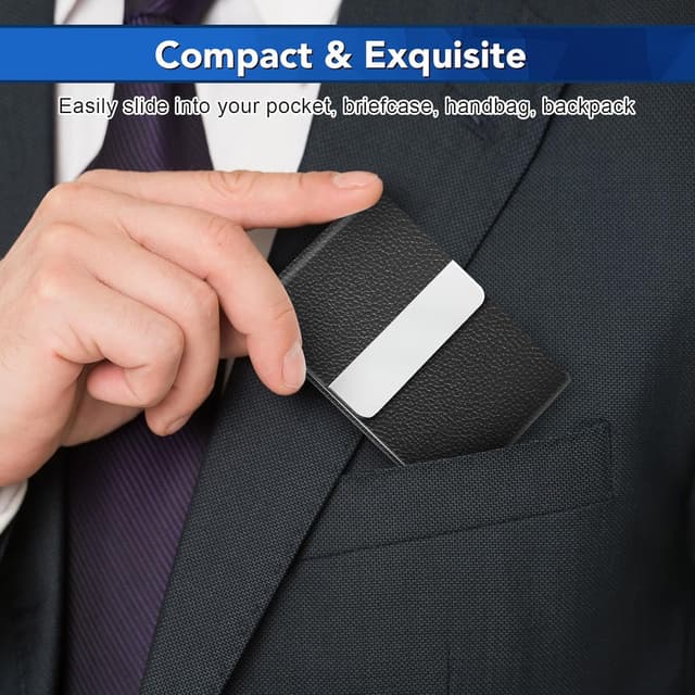 Detalle 2 de DMFLY Business Card Holder (Metal & PU Leather) with RFID Blocking and Magnetic Clasp, Black