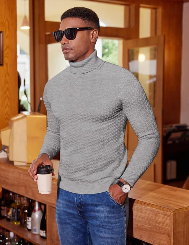 Detalle de COOFANDY pull col roulé homme tricoté doux à manches longues