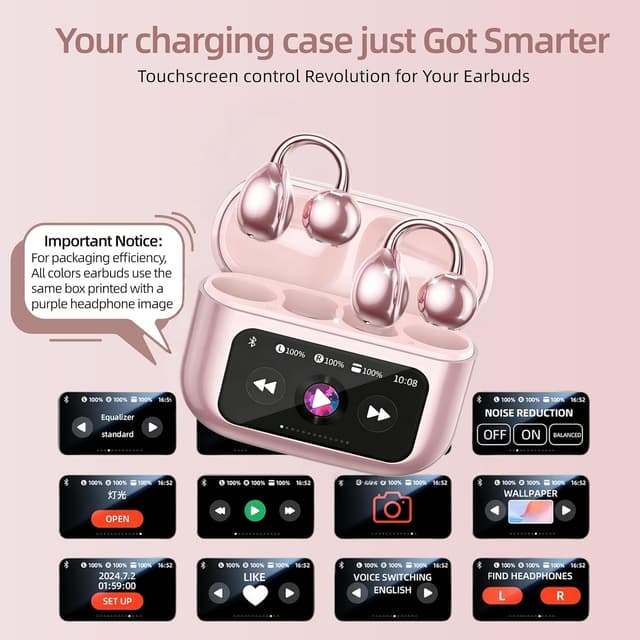 Detalle 2 de Otinsile Open Ear Clip-On Earbuds with Bluetooth 6.0 and LCD Touch Case (Rose Gold)