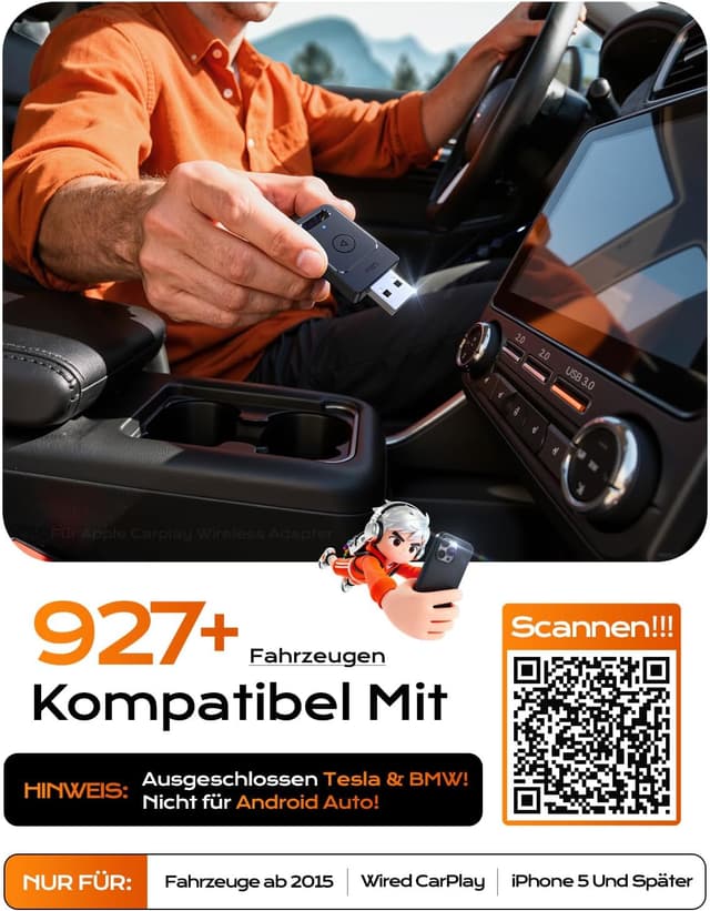 Detalle de Cleviton Wireless CarPlay Adapter für Apple CarPlay, kabellose Verbindung per Plug&Play (3× Auto-Verbindung), USB A/C, Schwarz