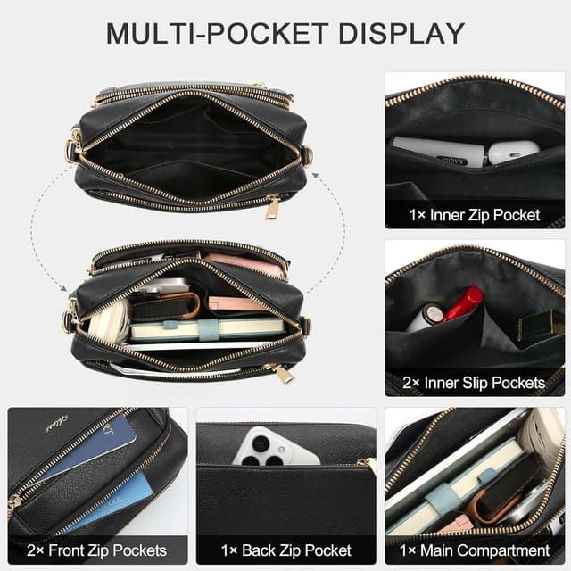 Detalle de HILAEX Umhängetasche Damen mit Anti-Diebstahl-Clip, 4 Fächer und verstellbarem Gurt