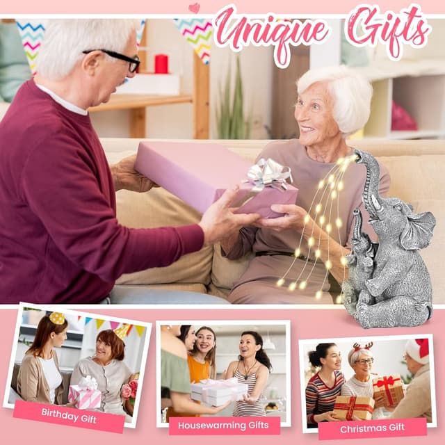 Detalle de GIGALUMI Solar Garden Statues Embrace Elephant figurine with solar lights for outdoor patio and yard decor