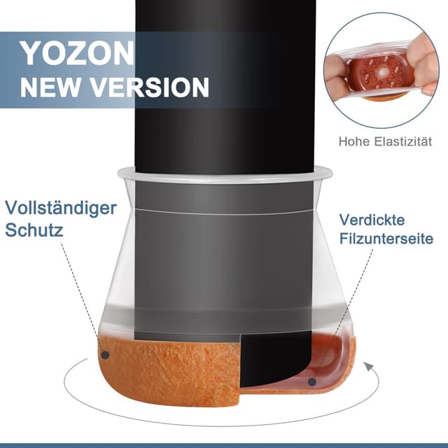 Detalle de YOZON 20 Stück Stuhlbeinkappen aus transparentem Silikon mit umwickeltem Filz (Durchmesser 20–30 mm)