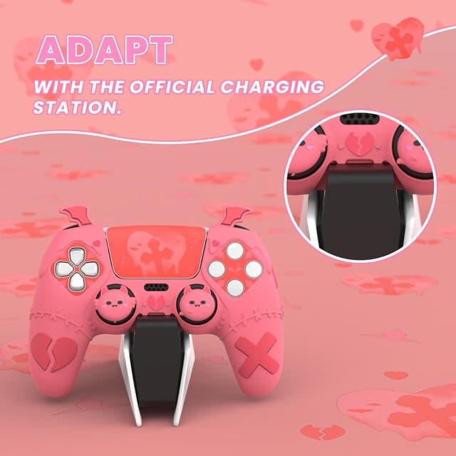 Detalle de PlayVital Gothic Imp Silicone Case for PS5 Controller (Peach Pink) with 4 Thumb Grips & Stickers