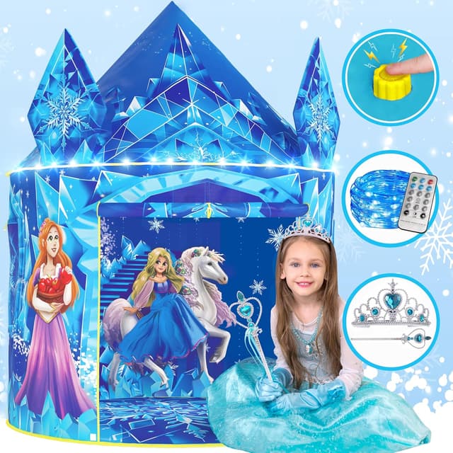 Detalle de W&O Frozen Princess Tent for Girls (Ages 3-7) with Magical Sound Button, LED Lights, Crown & Wand