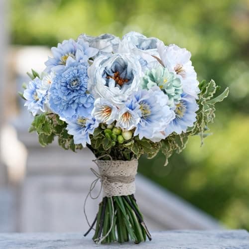 Thumbnail 6 de MWOOT Flores artificiales variadas (12 rosas azules) con mariposas decorativas para centros de boda, graduación y baby shower