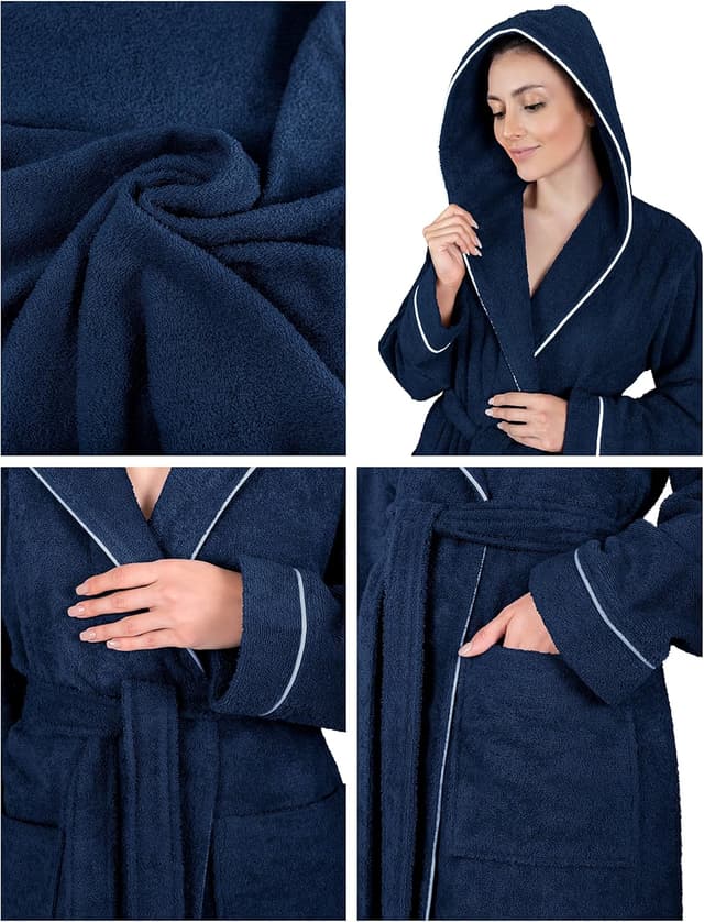 Detalle de LAYNENBURG Damen Bademantel aus Frottee mit Kapuze, lang – 100% Baumwolle (360 g/m²), OEKO‑TEX Standard 100